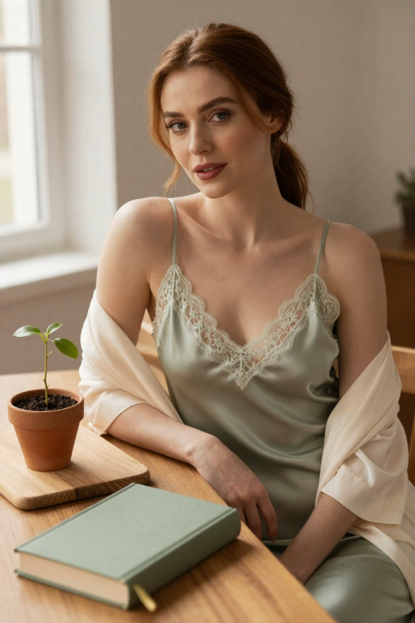 Photorealistic editorial portrait of a fictional adult woman, age 28, long chestnut hair in a soft