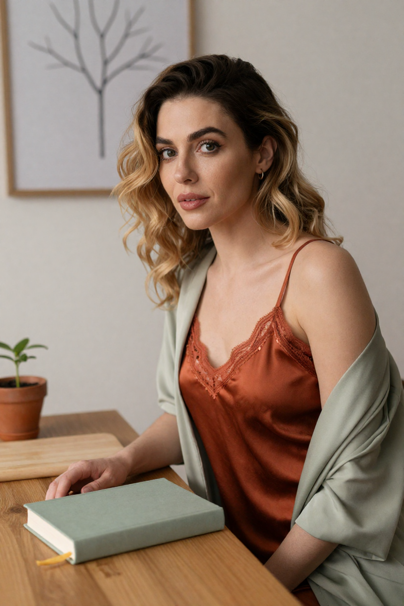 Photorealistic editorial portrait of a fictional adult woman, age 27, dark-blonde hair in loose waves over